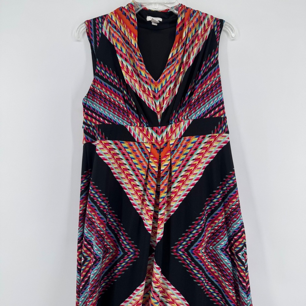 Chicos Maxi Dress Womens 1 Medium Black Multicolor Geometric Ikat V-Neck Stretch